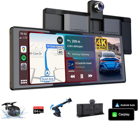 4K Apple Carplay Android autodisplay met exclusieve houder, 350° draaibaar 10,26 inch autodisplay, Car Play scherm, Buddy display met Siri/G-oogle GPS-navigatie, bluetooth, 64 GB TF-kaart