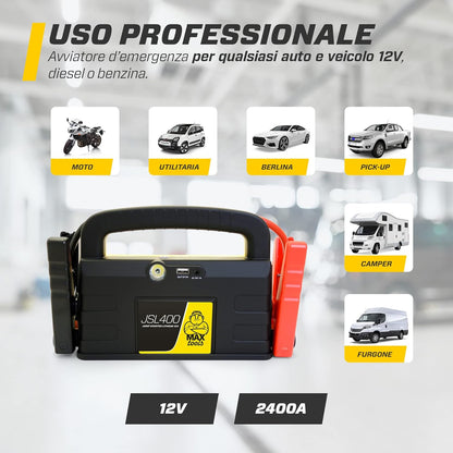 MAXTOOLS JSL400 Professionele acculader, jumpstarter, 2400 A, lithium, voor grote diesel- en benzineauto's van 12 V, krachtige en veilige 12V-booster, accubank met usb