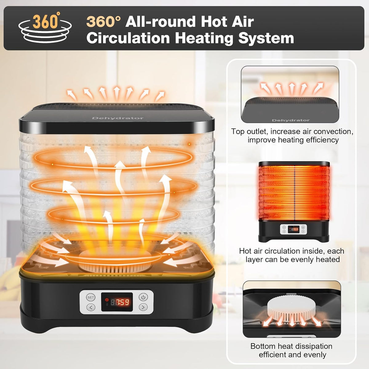 Meykey Voedseldroger met temperatuurregelaar, 400 W elektrische dehydrator, roestvrij staal met tijdweergave, timer en temperatuurregeling (35-70 graden), BPA-vrij, zwart