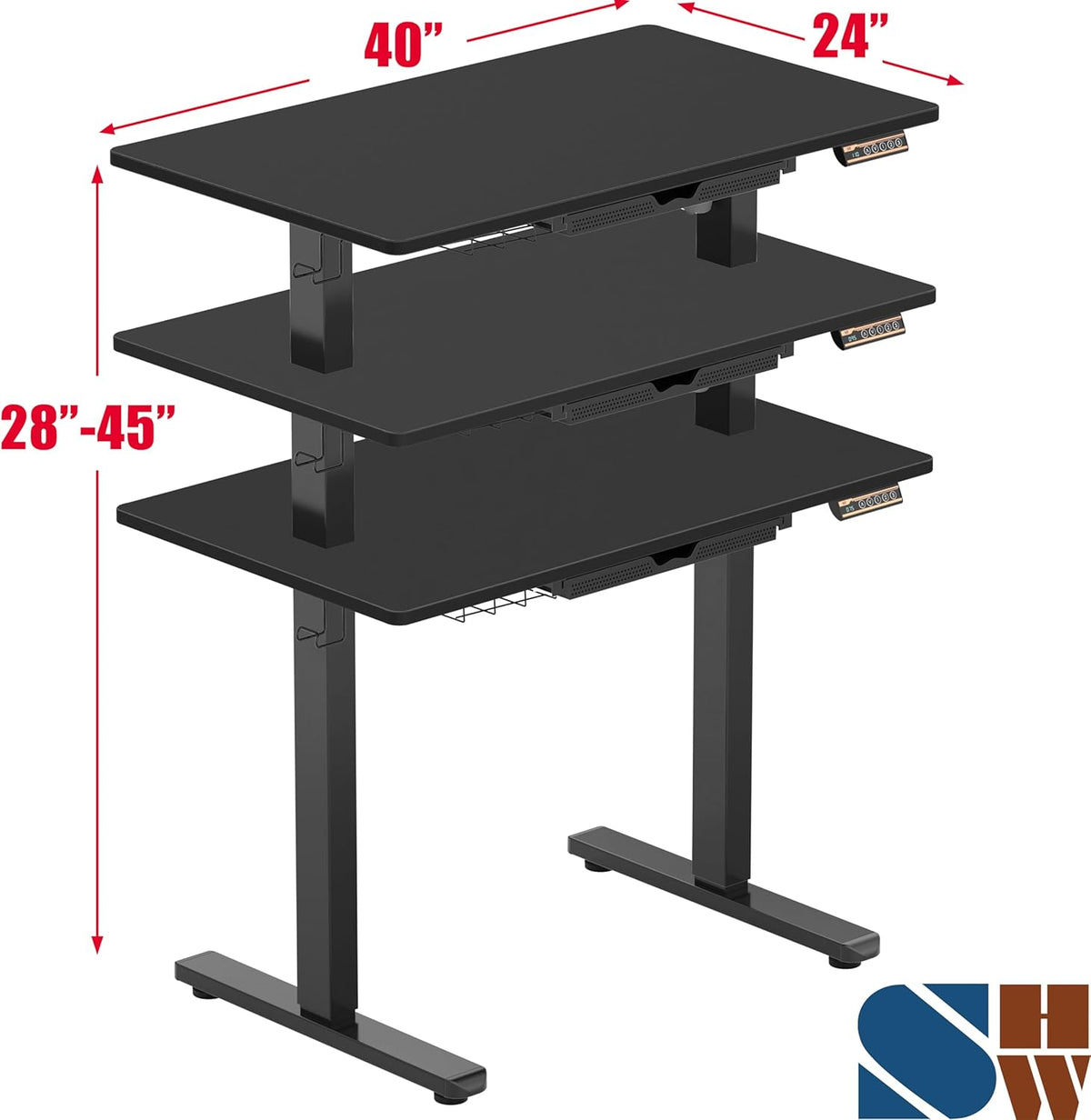 SHW 40" Electric Height Adjustable Standing Desk with Drawer, Preset Memory Tray and Cable Management Tray, Black - QUORE