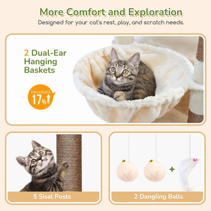 Krabpaal – Kattenboom – Kattenhuis – Krabton – Klimelement – Beige – 188 cm Hoog – 2 Grote Kattenhuisjes Met Gevoerd Platform