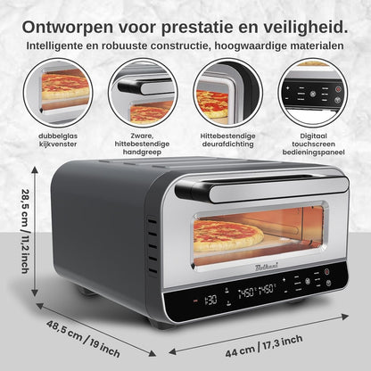 Elektrische pizzaoven met pizzasteen en pizzaschep – 450 °C voor knapperige steenovenpizza in 2 minuten – 1700 W, timer, binnenverlichting en kijkvenster – professionele pizzamaker. (GRIJS)