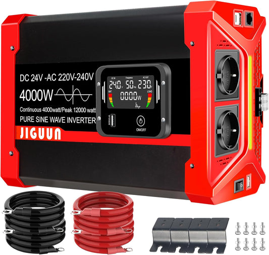 Omvormer – Inverter – Spanningsomvormer – Stroomomzetter – Converter – 4000W Continu Vermogen – Zuivere Sinusgolf met Afstandsbediening en LCD Display - QUORE