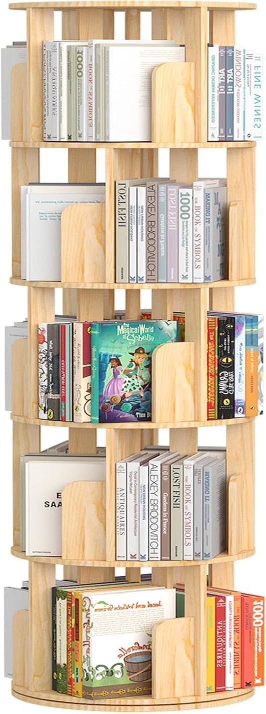 Draaibare Boekenkast – Rond Boekenrek – Rotatieschap – Opbergmeubel – Kinderboekenkast – 5-Laags 360° Draaibaar – Massief Dennenhout – Ruimtebesparend Compact - QUORE