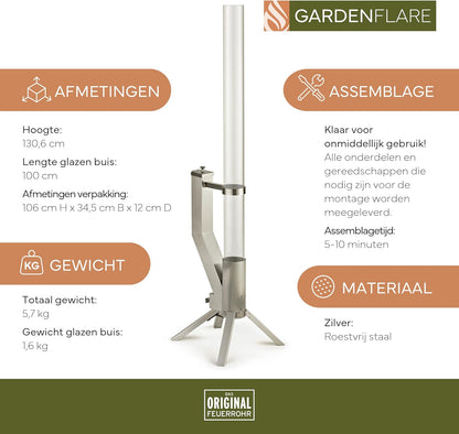 Fire tube, stainless steel fire column and pellet torch for a great atmospheric fire, elegant patio heater and garden fireplace, alternative to your patio and garden, silver - QUORE