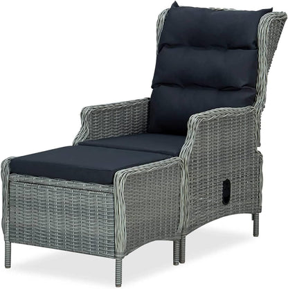 Tidyard Garden Chair, Chair with Footrest, Garden Chair, Outdoor Chair, Balcony, Terrace, Rattan, PE Light Grey - QUORE