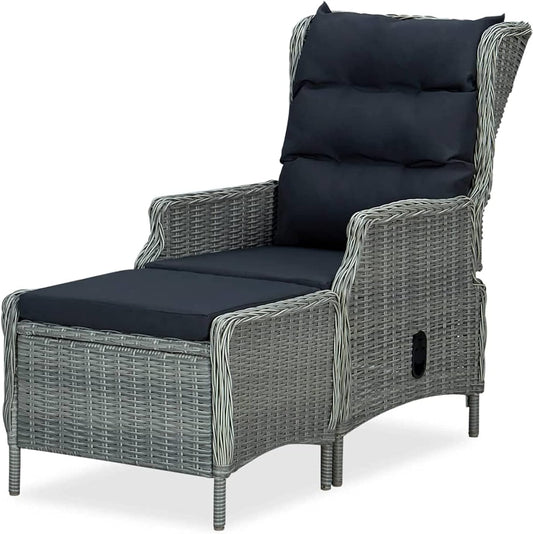 Tidyard Garden Chair, Chair with Footrest, Garden Chair, Outdoor Chair, Balcony, Terrace, Rattan, PE Light Grey - QUORE