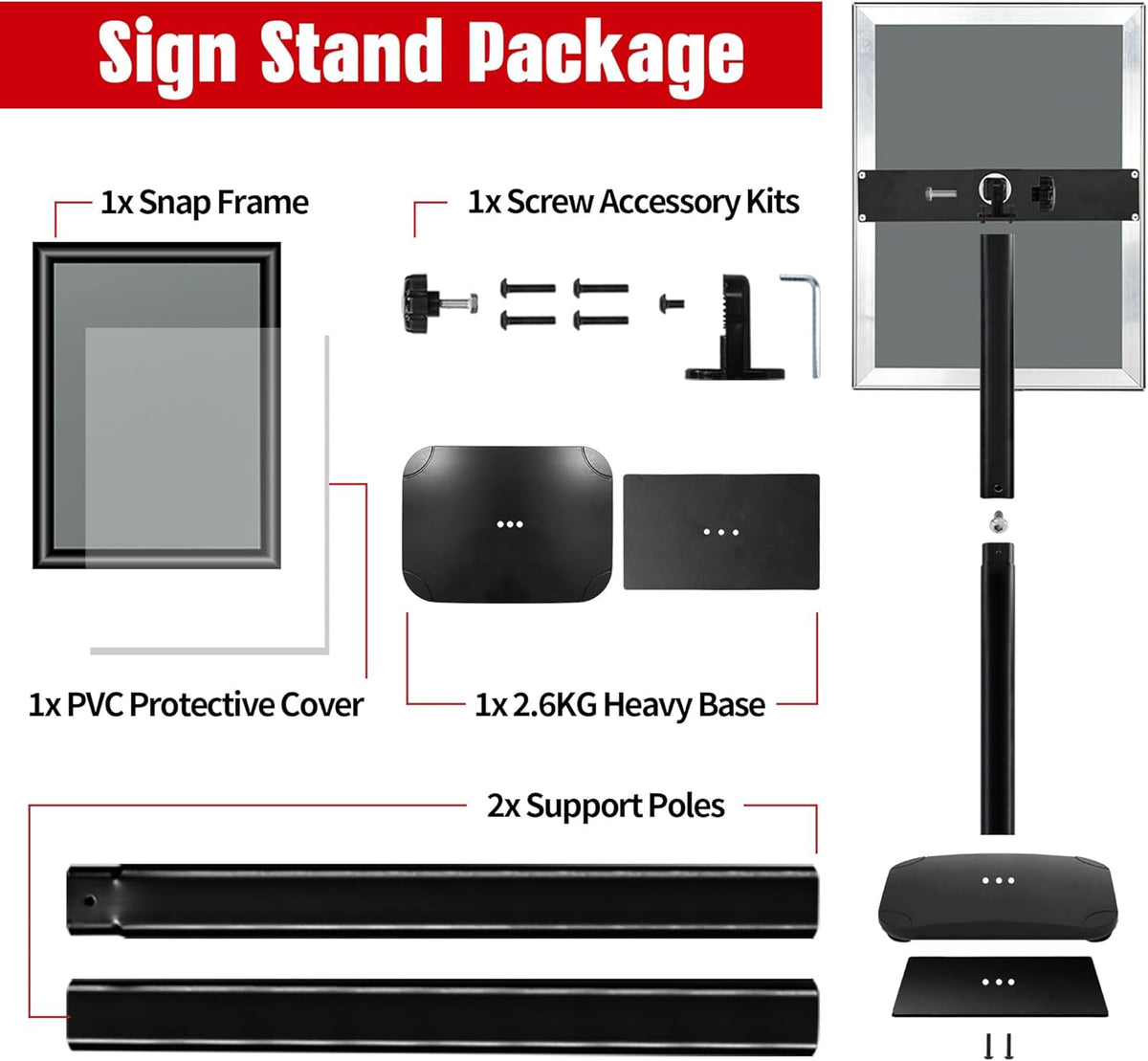 Schildstandaard Display – Posterstandaard, Infostandaard, Presentatiestandaard, Menuhouder – A3, Zwart, Set van 3 – Zware 2,6 kg Metalen Voet – 360° Draaibaar en 180° Kantelbaar