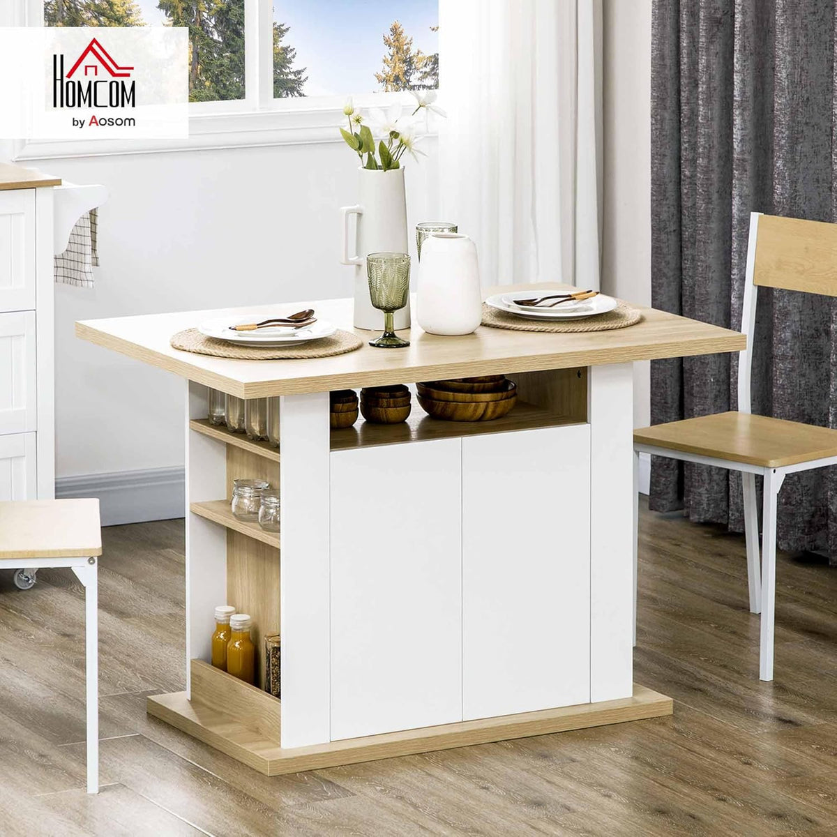 HOMCOM Dining Table, Island, Kitchen, Storage Cabinet, Table with Large Worktop, 4-6 People, Cabinet with 4 Doors and Shelves, Wood, Dimensions: 110 x 70 x 75.5 cm, White and Natural - QUORE