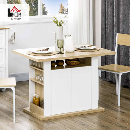 HOMCOM Dining Table, Island, Kitchen, Storage Cabinet, Table with Large Worktop, 4-6 People, Cabinet with 4 Doors and Shelves, Wood, Dimensions: 110 x 70 x 75.5 cm, White and Natural - QUORE