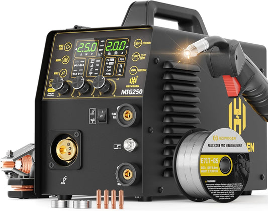 H HZXVOGEN Aluminium MIG-lasapparaat, 250A, 6-in-1, met gas/fluxvulling, gasloos, MIG/Lift TIG/Stick/Punt/Spoel, 110/220V synergetische besturing met LED-digitaal display, verbrandingsregeling