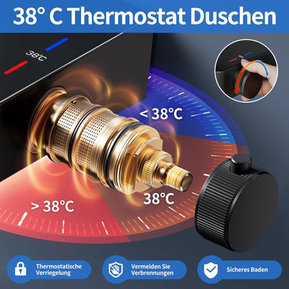 Douche Systeem – Thermostaatkraan – Regendouche – Handdouche – Douche Set – Matzwart – Constante Watertemperatuur 38°C – Verstelbare Draaibare Regendouche 360°