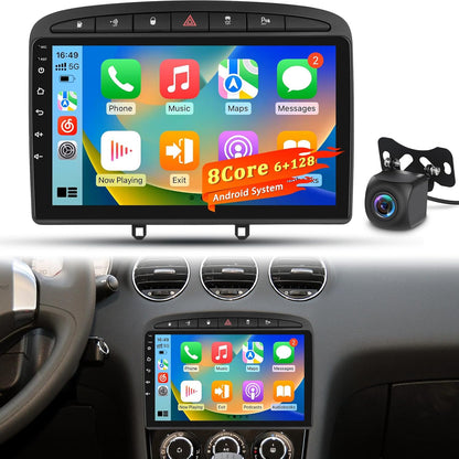 8 Core 6+128GB Autoradio voor Peugeot 308 408 2007–2015, Android Touchscreen Radio met Draadloze CarPlay, GPS WiFi DSP HiFi, Plug & Play Upgrade + Achteruitrijcamera