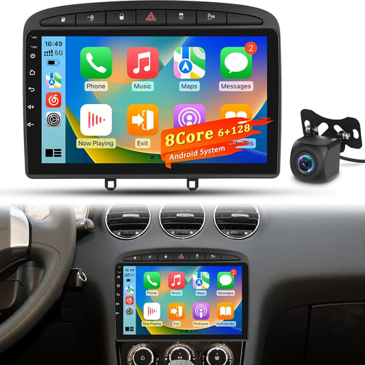 8 Core 6+128GB Autoradio voor Peugeot 308 408 2007–2015, Android Touchscreen Radio met Draadloze CarPlay, GPS WiFi DSP HiFi, Plug & Play Upgrade + Achteruitrijcamera