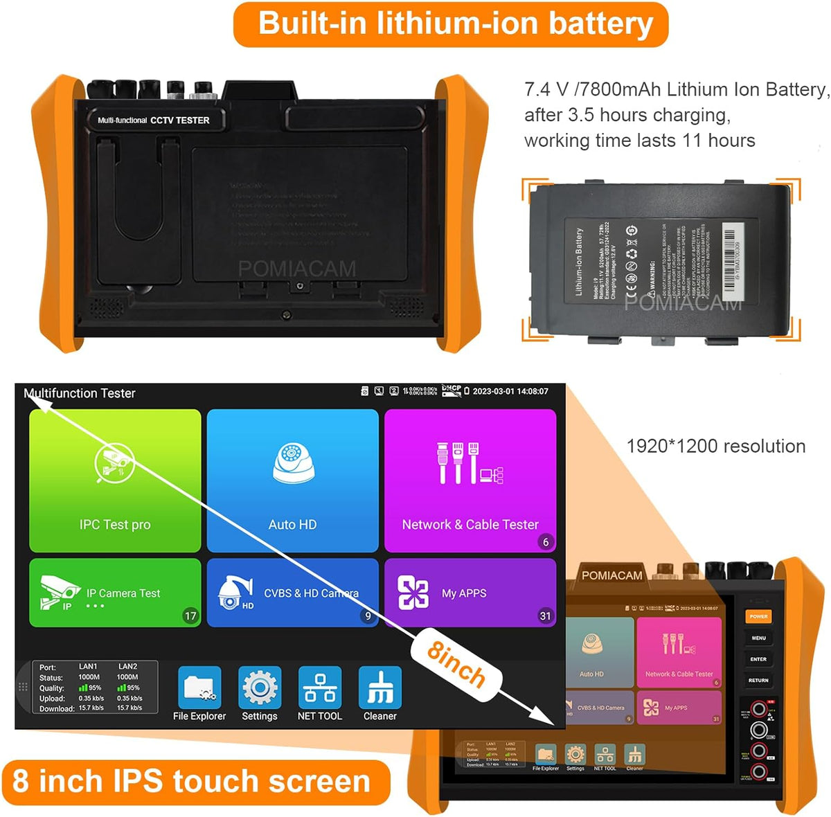 8K IP Camera Tester Multifunctionele CCTV Tester 8 inch scherm 8K H.265 8MP TVI/CVI/AHD/SDI/CVBS Kabel Tester DMM TDR VFL Ondersteuning 55V POE++, SFP poort HDMI & VGA (Model: H12CLMOVTADHSEF)