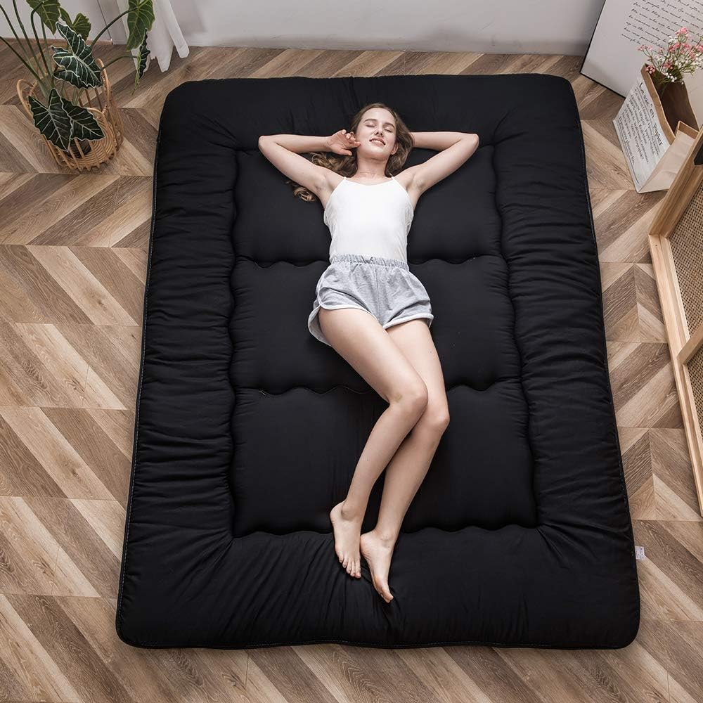 Maxyoyo Japanese Floor Mattress, Futon Mattress, Thicken Tatami Mat, Sleeping Pillow, Foldable, Roll-Up Mattress, Dormitory, Mattress, Floor Lounger, Pillow, Bed(Black, Double)