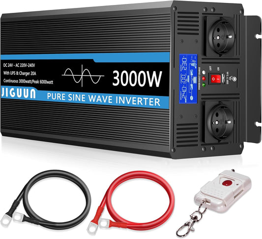 JIGUUN 3000W omvormer 24v naar 230v zuivere sinus met 20A lader en net prioriteit circuit en UPS, 2 EU-stopcontacten, draadloze afstandsbediening en LCD-display piekvermogen 6000W