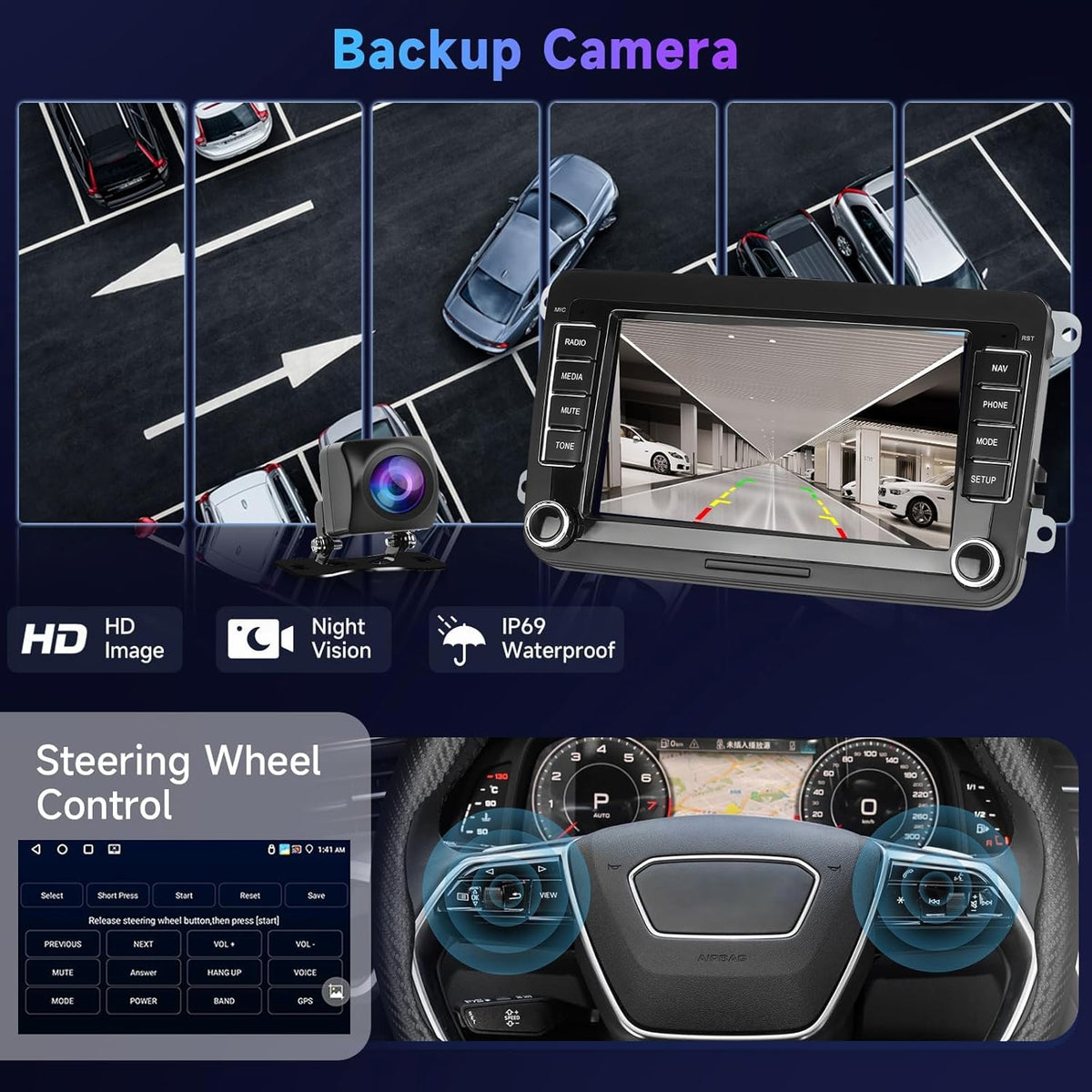 4G & 64G 7" autoradio Bluetooth voor VW Golf 5 6 Polo Passat Skoda Touran Seat Draadloos Carplay Android Auto, WiFi GPS Navi HiFi RDS/FM Radio 2 din met AHD achteruitrijcamera/DVR/Canbus