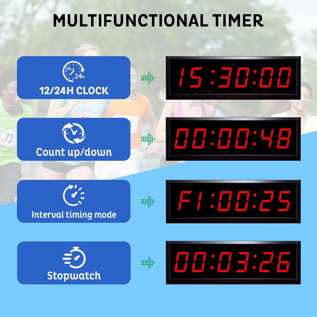 Countdown-timer, 1,8 inch gymtimer met statief, 6 cijfers, omhoogtelfunctie, afstandsbediening, stopwatch, sport, 12/24-uurs led, digitale klok, geschikt voor fitness, sport, wedstrijden (4,5