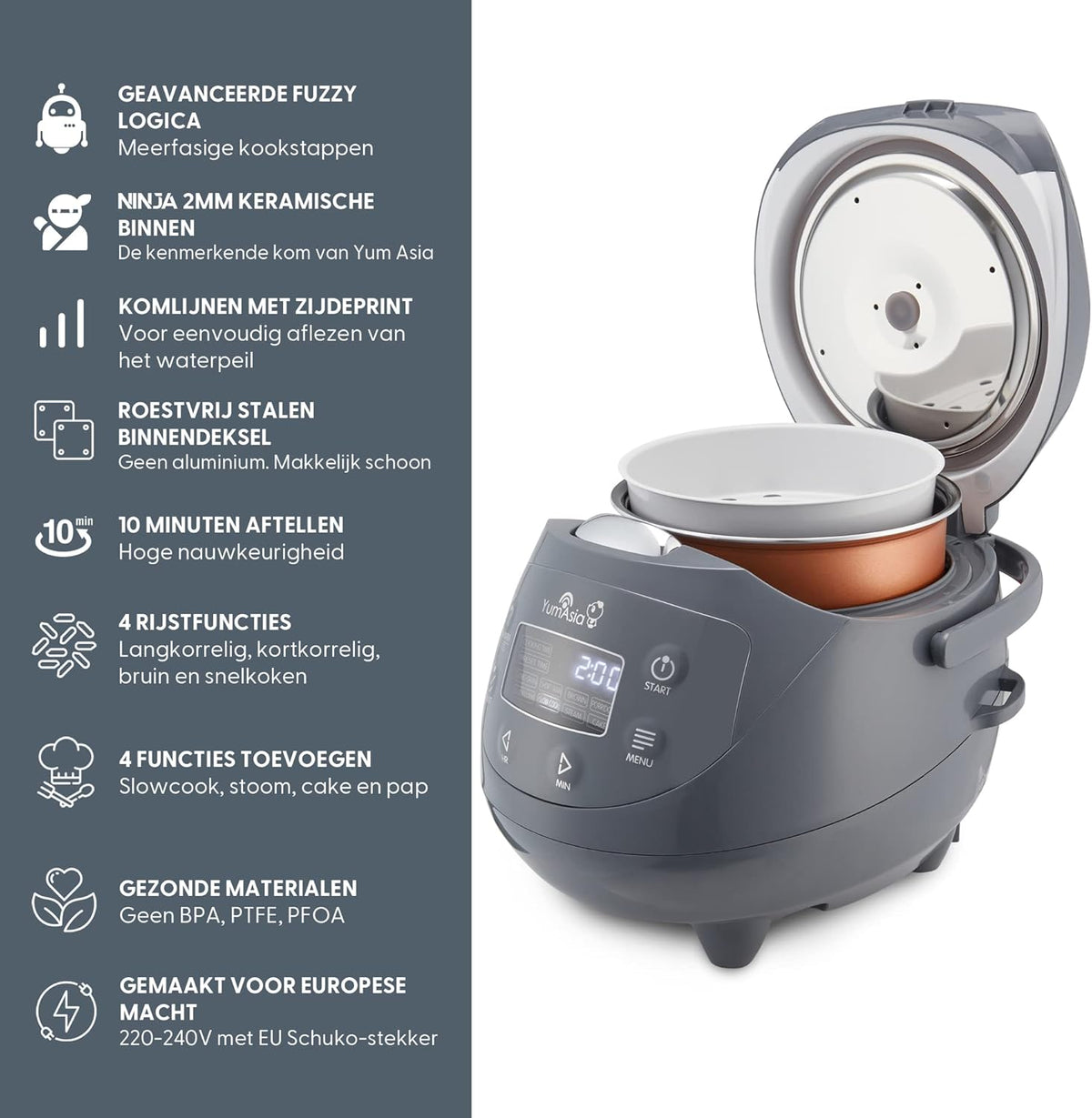 Rijstkoker – Mini Rijstkoker – Multicooker – Stoomkoker – Slowcooker – 1-3 Personen – 24-Uurs Timer & Warmhoudfunctie – Cobalt Grey