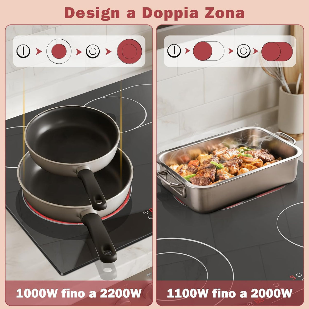 NOXTON Keramische kookplaat, 4 platen, inbouw, keramische kookplaat, 60 cm, met ovale zone voor grillpan, kookplaat, 4 kookplaten met touch-bediening, timer, kinderbeveiliging, 220 V-240 V, 6600 W