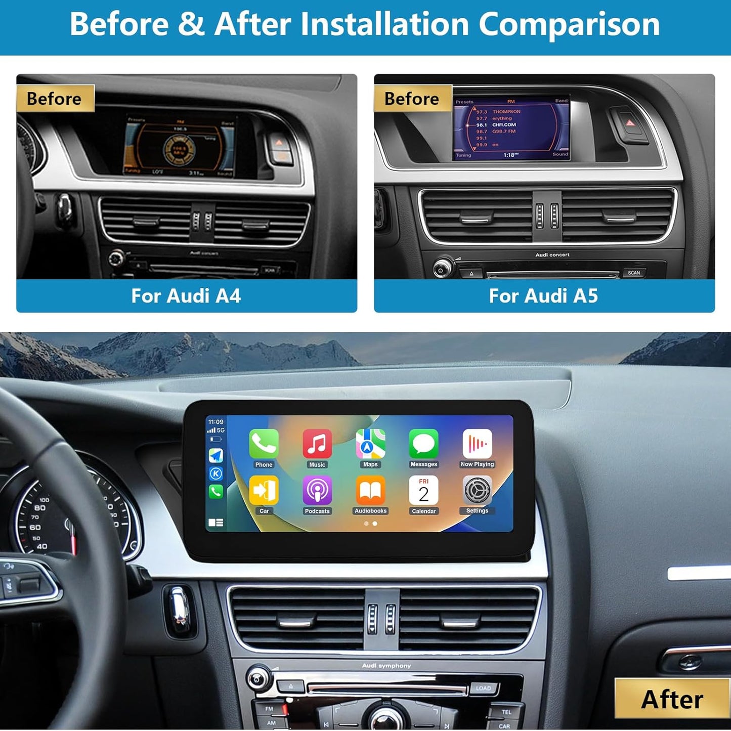 Ninetom Wireless Carplay & Android Car, Car Radio 12.3'' Touch Screen for 2009-2015 Audi A4 A5 S4 S5 with 2G MMI System, Supports Mirrorlink, Camera, Navigation - QUORE