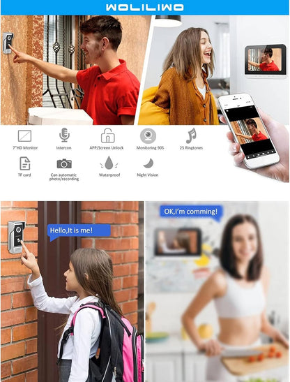 Dioche 7 Inch Bedrade Wifi-video-deurintercom, Intelligent Video-deurtelefoon-intercomsysteem, Video-deurbel-intercom-deurtelefoon met Nachtzichtcamera, APP-ontgrendeling op Afstand(EU)