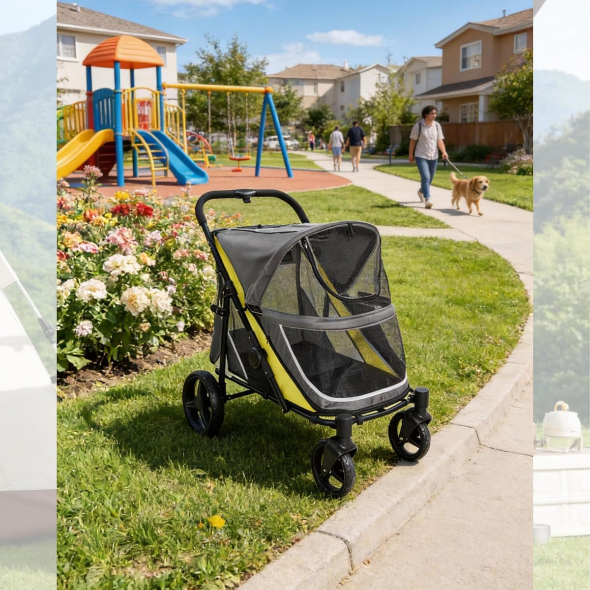 GarveeLife 2-in-1 hondenwagen, hondenbuggy inklapbaar voor grote en middelgrote honden en katten, huisdieren, buggy opvouwbaar met netramen, bekerhouder, verstelbare handgreep en 360° wielen, tot 50