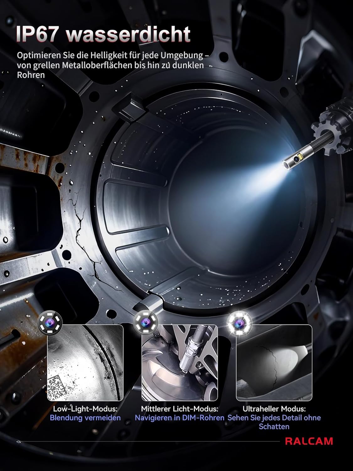 Ralcam Endoscoopcamera met licht, endoscoopcamera met 180° beweegbare kop, 6,5 mm dual-sonde, 5 inch HD-display, inspectiecamera, IP67 waterdicht, buiscamera met 1,5 m halfstijve kabel en 6 + 1 leds