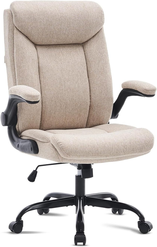 Ergonomische bureaustoel, computerstoel, draaibare werkstoel met opklapbare armleuning, in hoogte verstelbaar, comfortabel voor kantoor, thuis, gaming (beige stof)