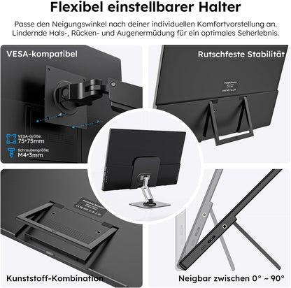 Portable Monitor 15.6" with Custom Stand, 1080P FHD Portable Monitor with Speaker, Ultra Slim USB-C & HDMI External Display for Laptop/PC/Mac/Xbox - with VESA Holes - QUORE