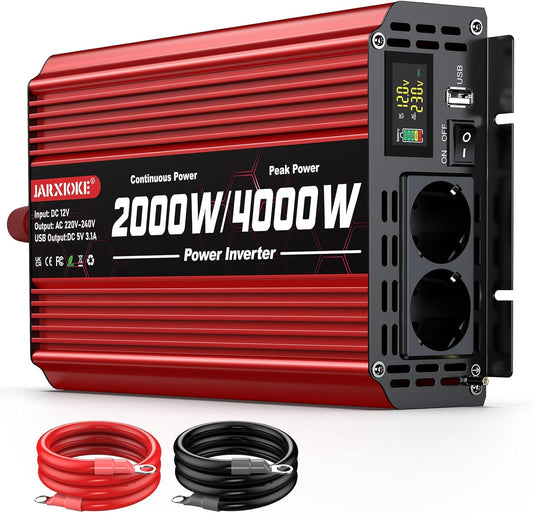 2000 W omvormer DC 12 V naar AC 230 V spanningsomvormer 2 AC stopcontact & USB-poort stroomomvormer met LCD-display, Power Inverter voor auto, auto, caravan, vrachtwagen