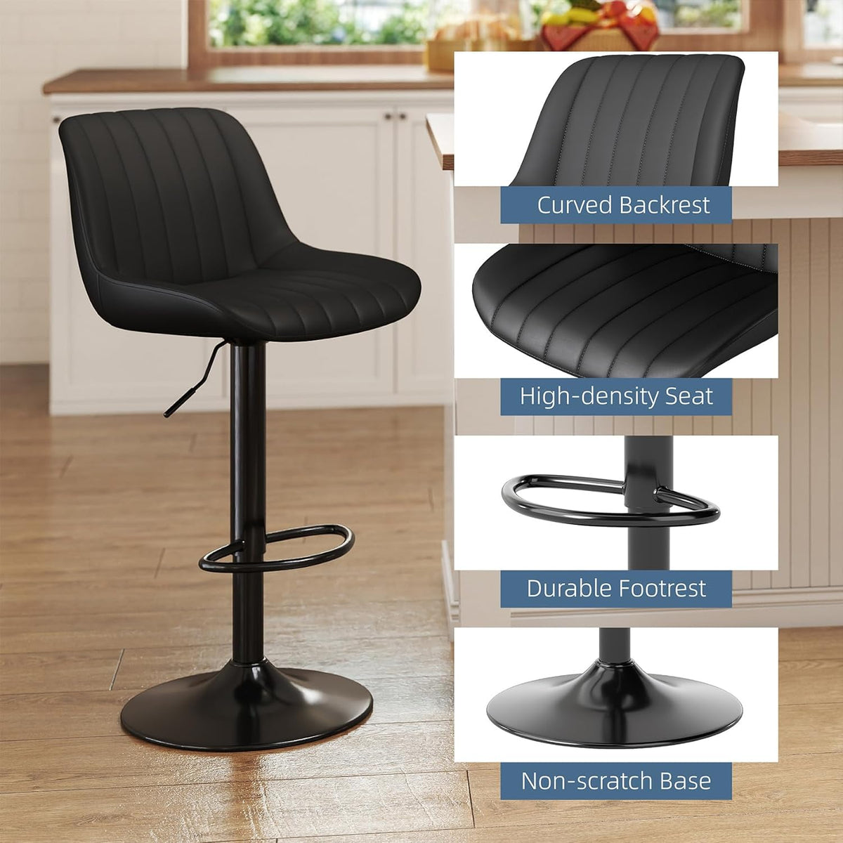 Youhauchair Barkrukken Set van 2, In Hoogte Verstelbare Barkruk met Rugleuning, PU Lederen Barstoelen Bar Stool, Moderne Barstoel Keuken Kruk