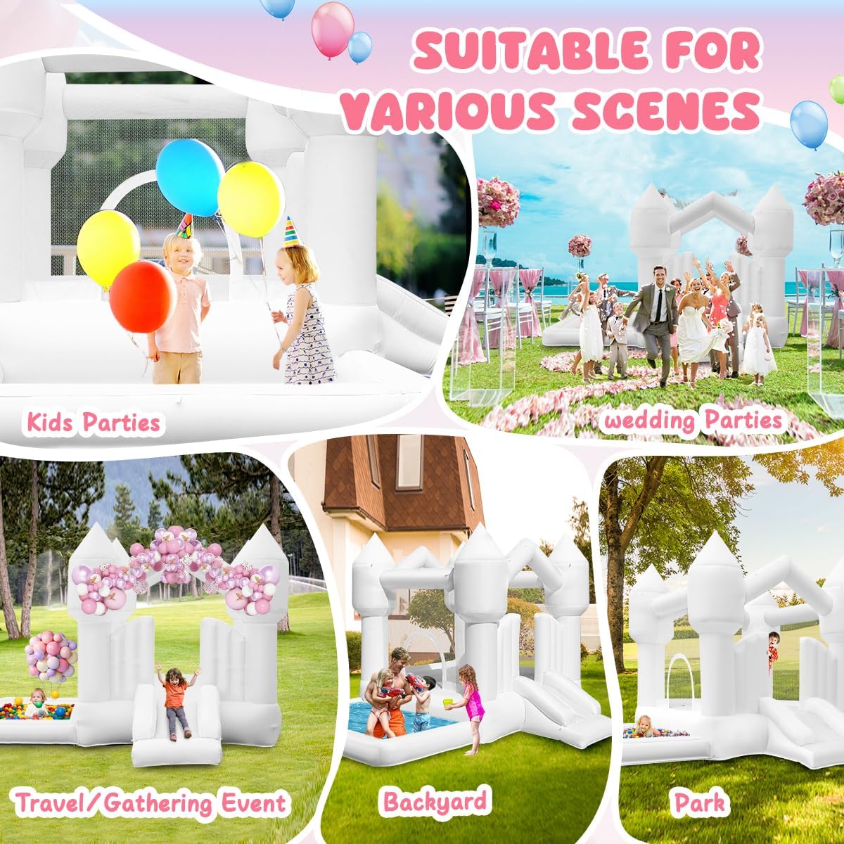 Springkasteel wit met glijbaan, spring- en ballenbad, ventilator, voor kinderen 3-8 jaar, bounce house tuin/feest/bruiloft, verjaardagscadeau