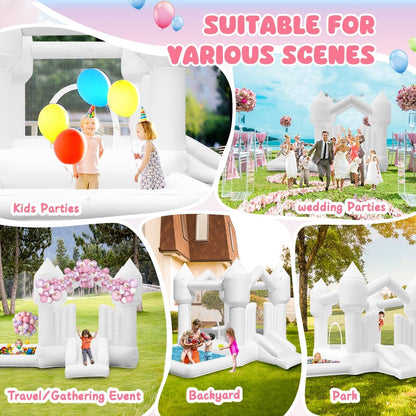 Springkasteel wit met glijbaan, spring- en ballenbad, ventilator, voor kinderen 3-8 jaar, bounce house tuin/feest/bruiloft, verjaardagscadeau