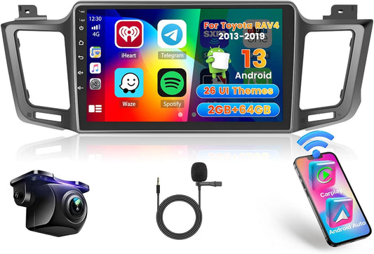 Hikity 2G+64G Car Stereo Display voor Toyota RAV4 2013-2019 met Carplay Android Auto, 9'' Android 13 Touch Screen Radio met Mirror Link FM/RDS EQ WIFI Bluetooth GPS SWC Achteruitrijcamera