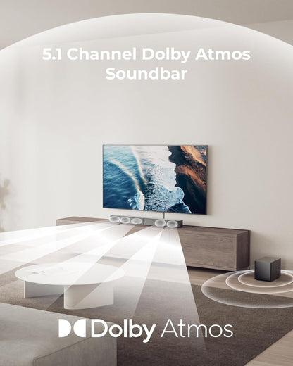 ULTIMEA Poseidon M60 Boom, 5.1ch soundbar met Dolby Atmos, thuisbioscoop 4D surround sound systeem, 340 W soundbar voor tv-apparaten met subwoofer, basversterking, app-bediening, Bluetooth 5.4