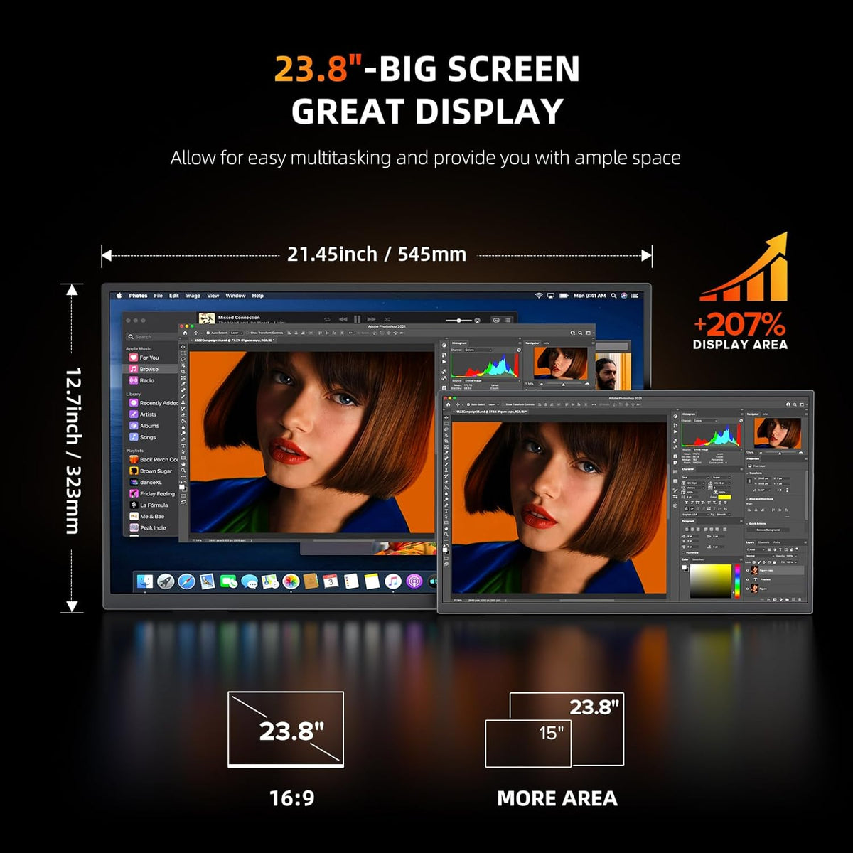 UPERFECT Portable Monitor 4K 23.8" QLED | 400 Nits 24" Large Monitor | 3840 * 2160 UHD 100% DCI-P3 | 1MS FreeSync | USB-C & HDMI | VESA & Stand | Second Screen for Laptop, Mini PC, Game Consoles - QUORE