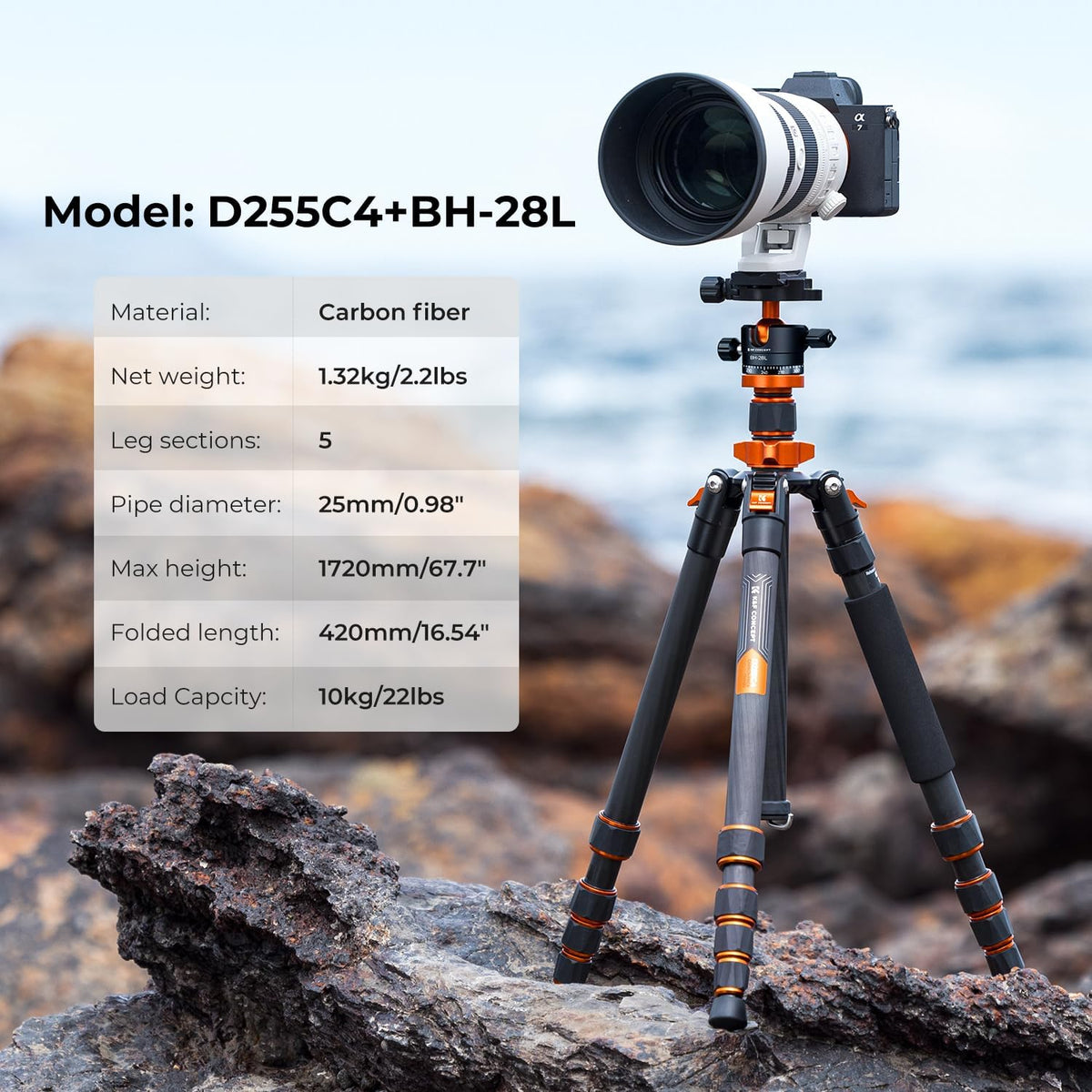K&F Concept Carbon Monopod Camera Statief 172cm, Professioneel Compact Statief voor DSLR D255C4, met Metalen Kogelkop met Inclusief Draagtas Max:10kg (SA255C1)