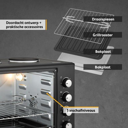 TZS First Austria - Minibakoven met kookplaten 30L 3200 W - Mini oven pizzaoven met kookplaten tot 230°C & 6 verwarmingsmodi - Minioven combi-apparaat met 4 inschuifhoogtes & hoogwaardig toebehoren