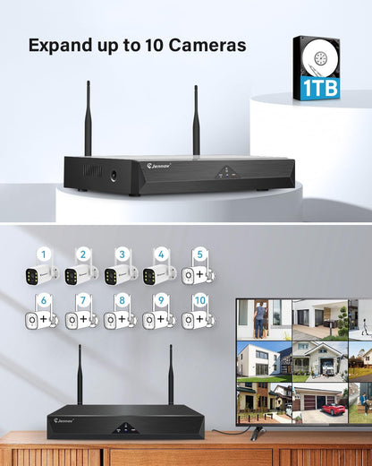 Jennov 5MP Bewakingscamera Set, 10CH 5MP WLAN NVR met 4x WiFi Buitencamera met 120° Groothoek, 24/7-opname, Persoonsdetectie, 2-Wege-Audio, Kleuren-nachtzicht, 1TB
