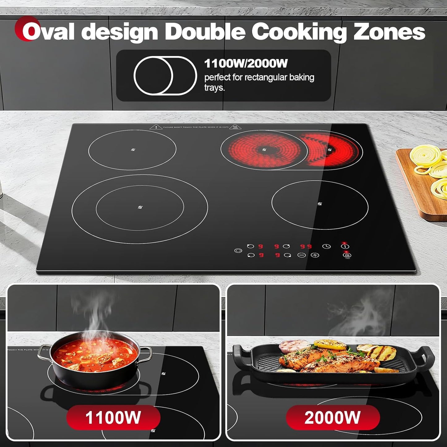 Keramische kookplaat – Inbouw kookplaat – Elektrische kookplaat – Glazen kookplaat – Keramisch fornuis – 4 kookzones – 6600 W – Dubbele uittrekbare zone – Touchbediening – Timer 1-99 min