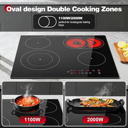 Keramische kookplaat – Inbouw kookplaat – Elektrische kookplaat – Glazen kookplaat – Keramisch fornuis – 4 kookzones – 6600 W – Dubbele uittrekbare zone – Touchbediening – Timer 1-99 min