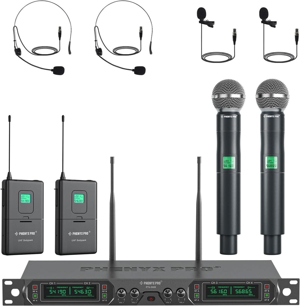 Phenyx Pro Draadloos microfoonsysteem, 4-kanaals UHF draadloze microfoonset met handheld/bodypack/headset/reversmicrofoons, metalen draadloze microfoon met vaste frequentie voor kerk, zingen, DJ
