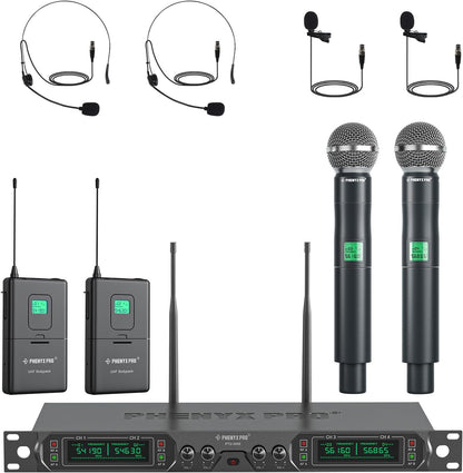 Phenyx Pro Draadloos microfoonsysteem, 4-kanaals UHF draadloze microfoonset met handheld/bodypack/headset/reversmicrofoons, metalen draadloze microfoon met vaste frequentie voor kerk, zingen, DJ