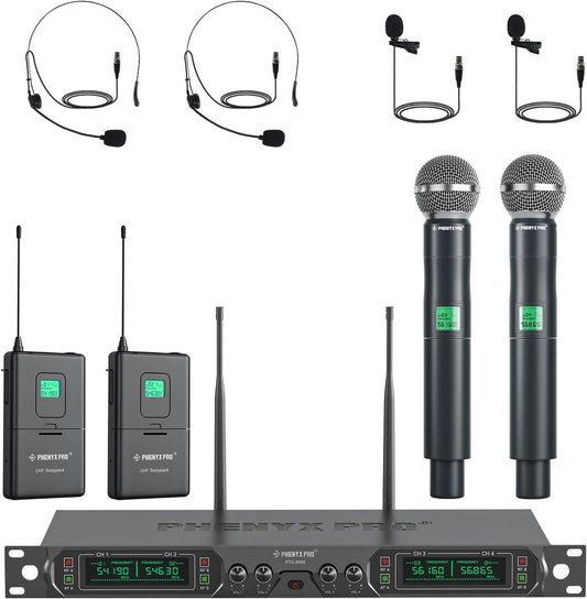 Phenyx Pro Draadloos microfoonsysteem, 4-kanaals UHF draadloze microfoonset met handheld/bodypack/headset/reversmicrofoons, metalen draadloze microfoon met vaste frequentie voor kerk, zingen, DJ