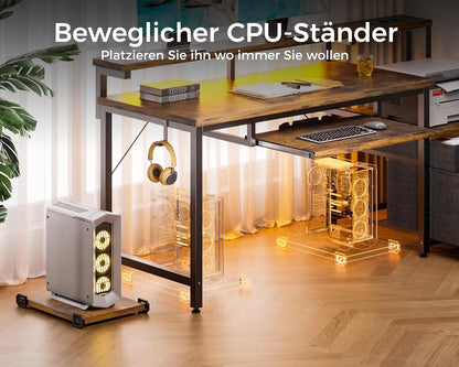 Colsehome Bureau met Laden, 140x48cm Omkeerbaar Computer Bureau met Stopcontact & USB, Gaming Tafel LED Licht, Toetsenbordlade & Monitorstandaard voor Kantoor, Slaapkamer, Bruin