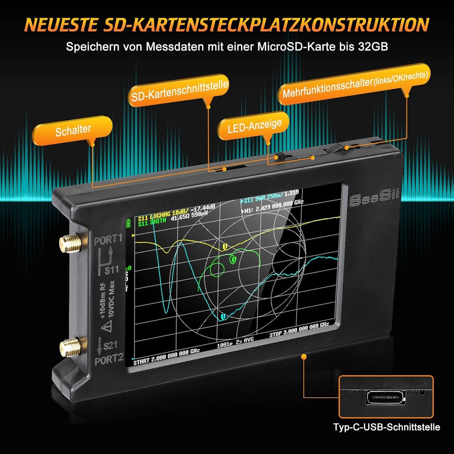 Seesii LiteVNA Vector Netwerk Analyser, Verbeterde 4 inch Antenne Analyser 50kHz-6.3GHz met MicroSD Slot, Meting Smith Chart S Parameter HF VHF UHF SWR Fase Vertraging