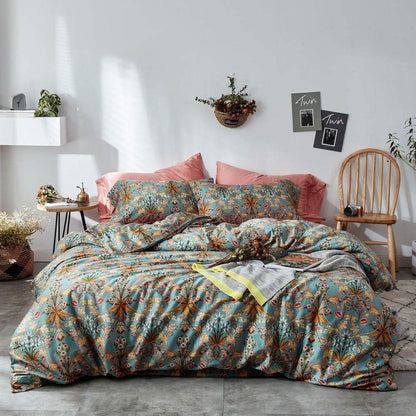 VM VOUGEMARKET Bohemen dekbedovertrekset, kingsize, 3-delig, langstapelig, katoenen dekbedovertrek met ritssluiting, groengouden elegante beddengoedset, Carol, King