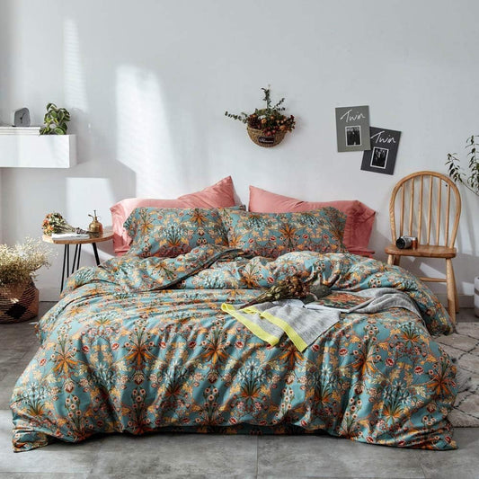 VM VOUGEMARKET Bohemen dekbedovertrekset, kingsize, 3-delig, langstapelig, katoenen dekbedovertrek met ritssluiting, groengouden elegante beddengoedset, Carol, King